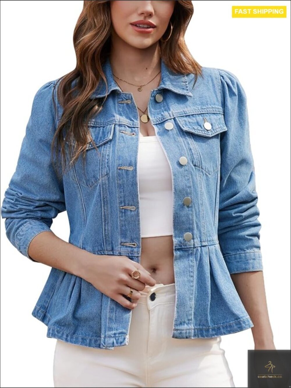 Denim Jacket Puff Sleeve Ruffle Hem Button Down Chic Y2K Retro
